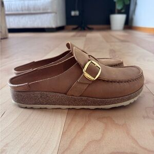 Birkenstock Brown Leather Slip-On Clogs with Gold Buckle